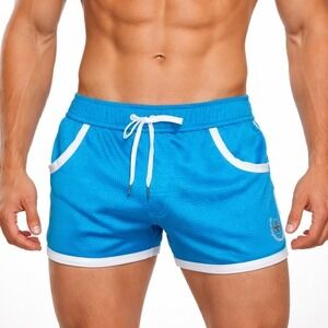 Andrew Christian Small (28-31) Sports Mesh Swim Shorts Blue White 70161 NEW